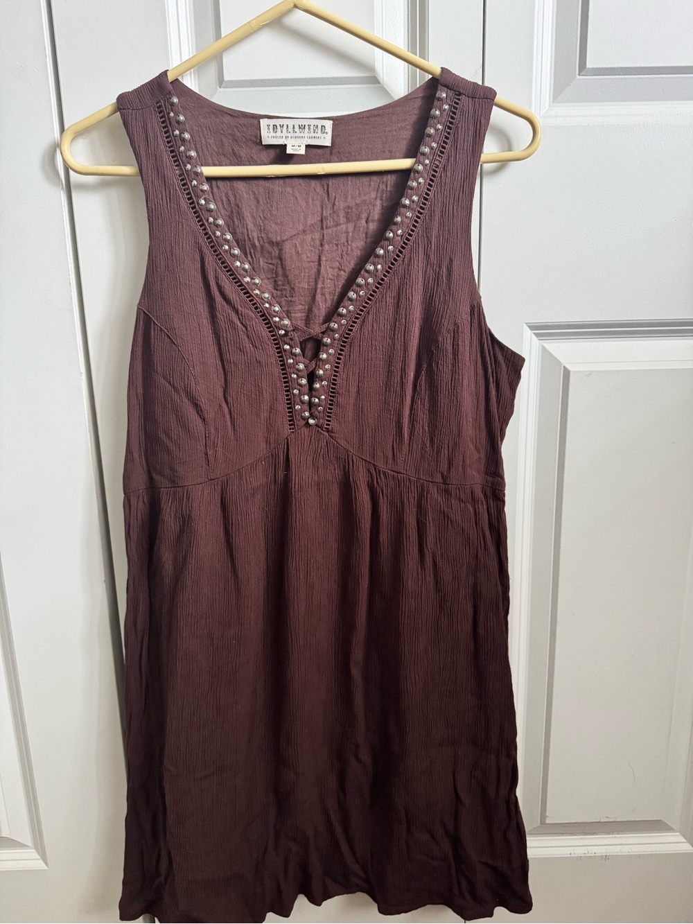 Idyllwind Brown Studded Asymmetrical V-Neck Dress